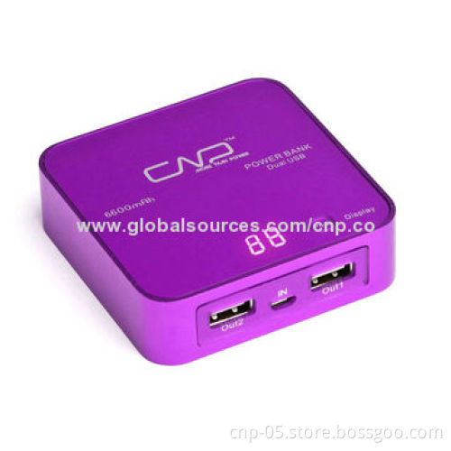 6,600mAh Power Banks with 2 USB Output, Anodized Aluminium Alloy+High Gloss Finish on Edge